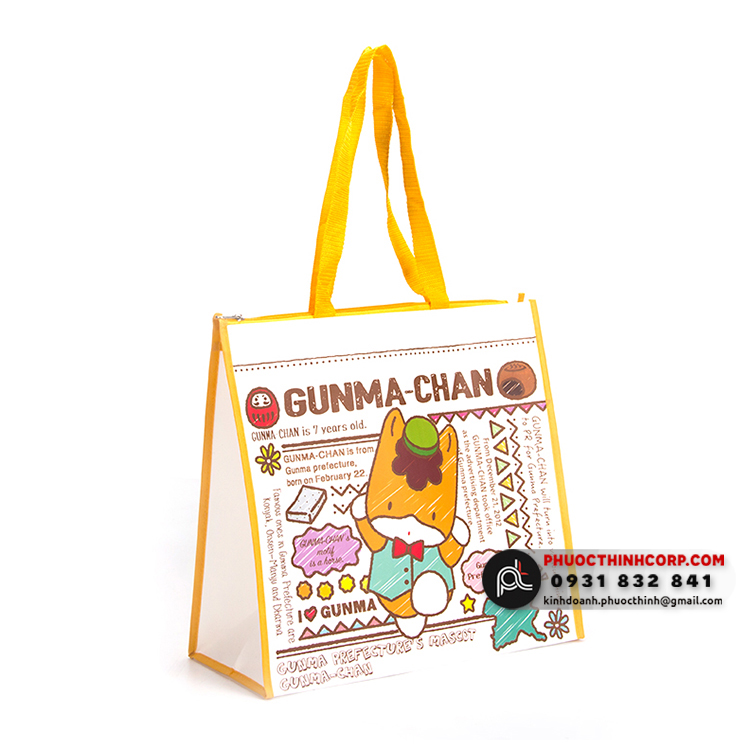 Túi tote có khóa kéo Gunma-chan có quai xách màu vàng